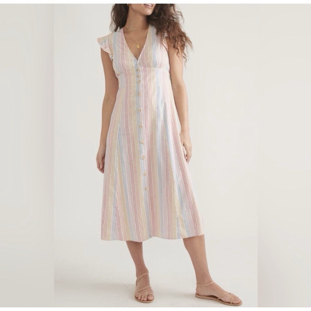Marine Layer Camila Stripe Button Front Midi Dress Rainbow Stripes Hemp XL